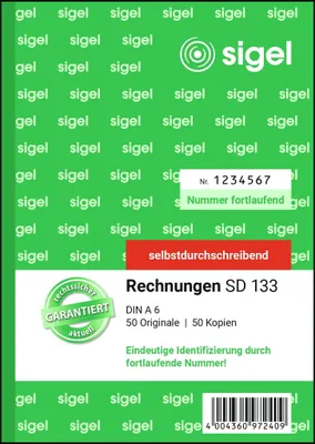 Produktbild von SIGEL SD133 Rechnungen, mit fortlaufender Nummerierung, 1. und 2. Blatt bedruckt, A6, selbstdurchschreibend, 2 x 50 Blatt