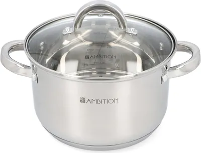 A stainless steel pot with a glass lid, featuring measurement markings inside and the brand logo on the exterior.