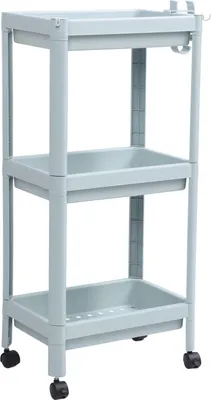 Image de Etagère de rangement au sol pour salle de bain Etagère de rangement ouverte pour salle de bain Etagère d'angle autoportante Etagère de rangement bleu nordique 3 niveaux (avec roulettes)