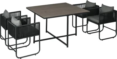 Produktbild von Outdoor Essgruppe, Gartengarnitur, 5-teilig, Polyrattan, Sitzkissen, wetterfest, Schwarz/Grau