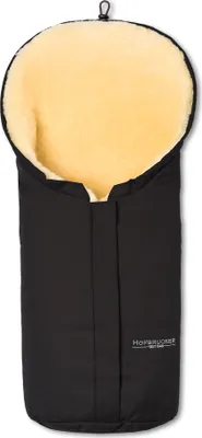 A black baby footmuff with a yellow fluffy lining, shown upright against a white background.
