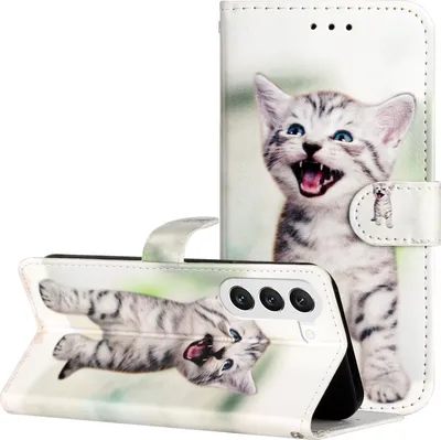 Produktbild von CLM-Tech Hülle kompatibel mit Samsung Galaxy S23 - Tasche aus Kunstleder - Klapphülle mit Ständer und Kartenfächern, fröhliche Katze