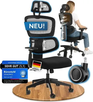 A black ergonomic office chair is shown from multiple angles, with a person sitting in one of the views. There are also overlays and text highlighting features.