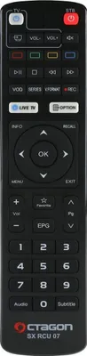 A close-up studio shot of a black remote control.