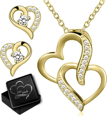 Produktbild von Schmuckset Herzkette für Damen Herz  Hals Kette mit Ohrringe echt 925 Sterling Silber Set Ohrstecker Anhänger gold Gravur Dose K971+K973+V12