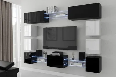 Obrázok produktu pre Furnitech Obývacia stena - Nábytok do obývačky s LED RGB - 16 farieb - Moderná závesná stena - Obývacia stena s policami a TV skrinkou (Future C80N-21BW-HG22)