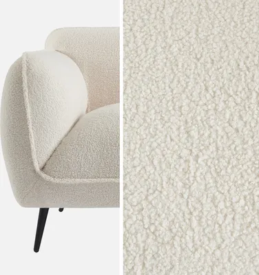 A split image showing a close-up of a cream-colored bouclé sofa and a sample of the fabric.