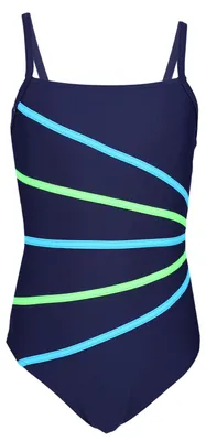 Produktbild von Aquarti Mädchen Badeanzug mit Spaghettiträgern Streifen, Farbe: Dunkelblau / Streifen Neongrün Hellblau, Größe: 140