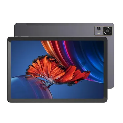 A tablet is shown from the front and back, displaying a colorful abstract wallpaper on its screen.