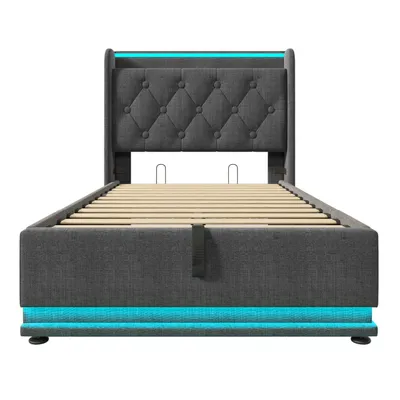 Produktbild von Flieks Polsterbett 90x200cm mit Ladefunktion (USB&Typ-c), Jugendbett Einzelbett Stauraumbett mit LED, Hydraulisches Boxspringbett, Leinen, Grau