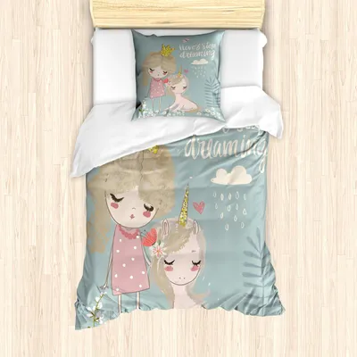 Produktbild von ABAKUHAUS Sprichwort Bettbezug Set, Künstlerische Komposition mit kleinen Prinzessin Girl Unicorn nie aufhören zu träumen Zitat, 135 x 200 cm + 80 x 80 cm, Mehrfarbig