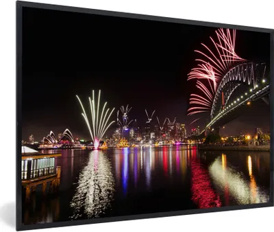 Produktbild von MuchoWow® Gerahmtes Poster Sydney Harbour Bridge mit Feuerwerk in Australien 90x60 cm - Poster mit Schwarzem Bilderrahmen Wandposter Rahmen Foto Bilder - Fotorahmen - Foto-Plakat