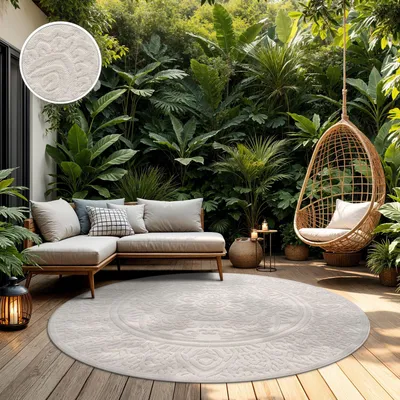 Produktbild von TT Home In-& Outdoorteppich Wetterfest Balkon Schlafzimmer Boho Skandi Motiv Unifarben Geometrische Optik Moderner Style Größe 200 cm Rund