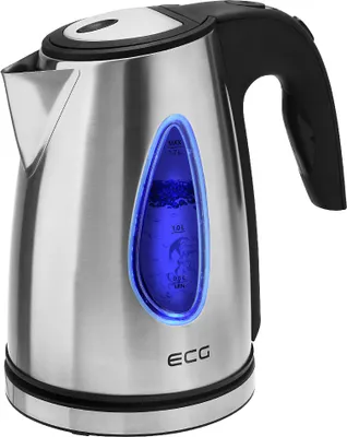 A stainless steel electric kettle with a blue illuminated water level indicator.