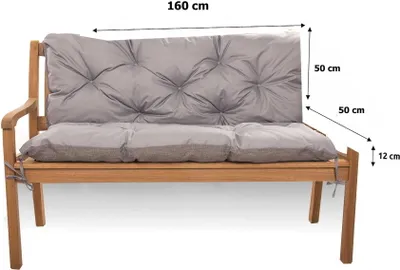 A garden bench with cushions, shown from the front with dimensions indicated.