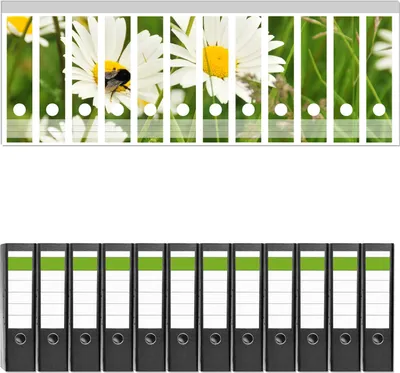 Produktbild von Wallario 12 Stück breite Ordner inkl. Klebeetiketten mit Motive Margeritenwiese -  Set mit Rückenschildern / Ordnerrücken Stickern