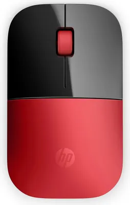 A top-down view of a red and black HP wireless mouse against a white background.
