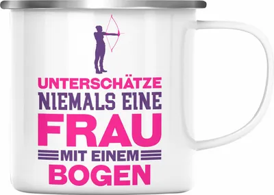 Produktbild von Trendation - Bogenschießen Frau Emaille Tasse Geschenk Pfeil und Bogen Emaille Emaille Tasse für Frauen Unterschätze Niemals Eine Frau (Silber)