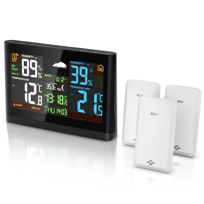 Produktbild von BEARWARE Funkwetterstation mit Farbdisplay, Wetterstation Funk mit 3 Außensensoren, Luftdruck, Temperaturtrend, Wetterprognose
