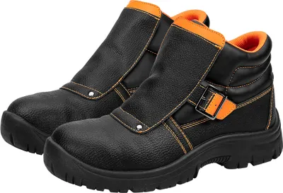 A pair of black work boots with orange accents.