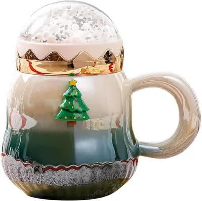 Zdjęcie produktu dla Kubek świąteczny perłowy ceramiczny kubek do kawy z pokrywką 450ml zielony