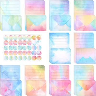 Produktbild von 160 Stück Aquarell Briefpapier mit Umschlag Set für Mädchen Kinder | Schönes Set 50 C6 Briefumschläge,50 A5 Papier Liniert,60 Runde Klebepunkte,für Liebesbriefe,Hochzeiten,Geburtstag,Weihnachten