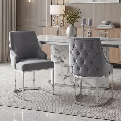 Immagine prodotto di Set di 2 sedie da pranzo Flieks, con gambe argentate, rivestite in velluto, comode e traspiranti, ideali per la cucina, poltrone imbottite, colore grigio e argento