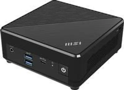 A black mini PC is shown from a three-quarter front angle.