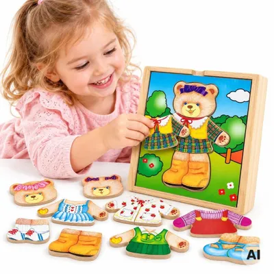 Productafbeelding van Viga Houten Logica Puzzel Verkleed Teddybeermeisje