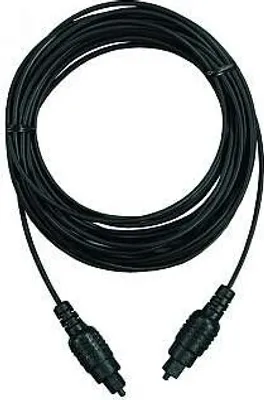 A coiled black audio cable with two Toslink connectors.