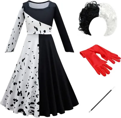 Produktbild von Mädchenkostüm Kleid mit Perücke und Handschuhen Schwarz-Weiß 15-16 Jahre