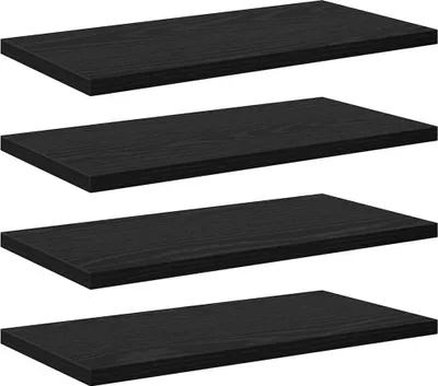 Four black shelves are stacked vertically against a white background.