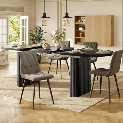 Produktbild von Flieks Esstisch-Set mit Ausziehbarer Esstisch & 4 Stühle, 5-teiliges Set mit ovaler Holztisch, Stühle mit Stoffbezug, Esszimmergarnitur, Schwarz
