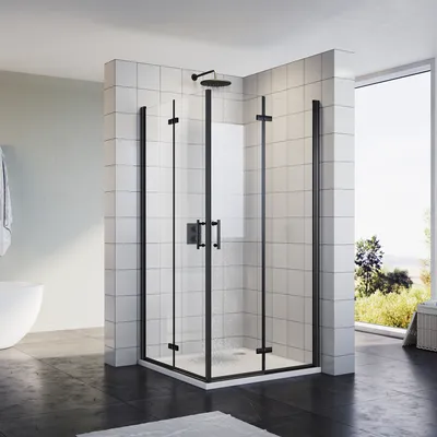 Produktbild von SONNI Schwarzes Duschabtrennung 80x80x195cm Pendeltür Falttür Eckdusche  6mm NANO Klarglas Drehfalttür Eckeinstieg Bad