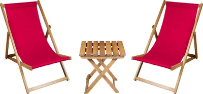 Produktbild von 2 x Liegestuhl + Beistelltisch Strandliege Holz Sonnenliege Gartenliege Gartentisch Geölt Rot