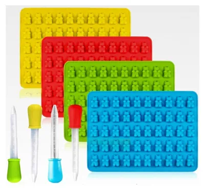 Produktbild von Silikon-Pralinenformen für die Herstellung von Kuchen, Muffins, Cupcakes, Gummibärchen und Gelee mit 4 Spritztüllen (18,5 x 13,5 x 1 cm)