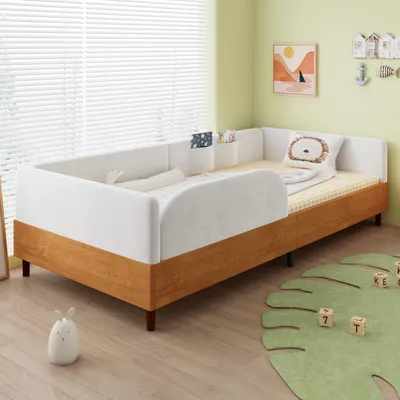 Image de Lit rembourré Merax 90 x 200 cm avec barrière de sécurité sur tout le pourtour et 2 poches de rangement, lit d'enfant au design velours et bois, lit simple avec sommier à lattes, blanc