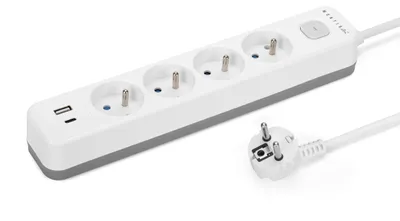 Imagen del producto de Extensión eléctrica blanca y gris de 4 enchufes con USB, MONTIS, 5 metros, modelo MT186-WG-5