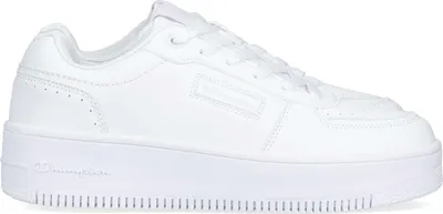 A white Champion sneaker with a platform sole is shown from the side against a white background.