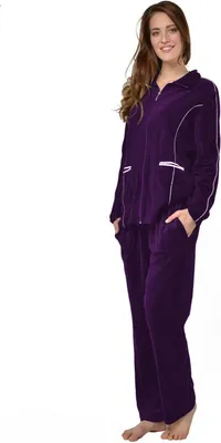 Produktbild von RAIKOU Damen Baumwolle Schlafanzug 40/42 Velours Freizeitanzug mit Reißverschluss Lila Rot
