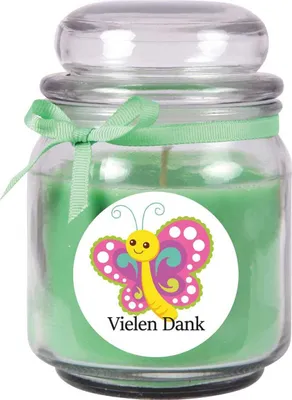 Produktbild von Duftkerze im Bonbonglas "Danke", Duft: Kokos ( Grün ), 300g - Brenndauer bis zu 70 Stunden