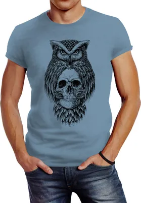 Produktbild von Herren T-Shirt Eule Totenkopf Owl Skull Schädel Slim Fit Neverless® stone blue XXL