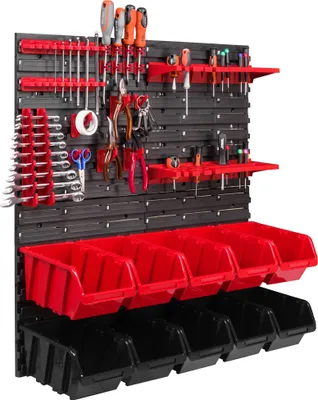 Zdjęcie produktu dla Ścienny panel narzędziowy 78 x 78 cm z 10 szt. Wiszące pudełka z zestawem plastikowych uchwytów
