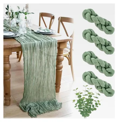 Produktbild von Tischläufer Eukalyptus Grün 4 Stück mit 9 Eukalyptuszweigen Deko Käsetuch Musselin Salbeigrün 90x300 cm