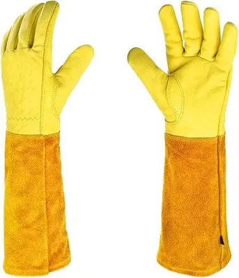 Obrázek produktu pro Kožené rukavice na zahradničení – unisex – žluté – velikost XL – dlouhá ochrana předloktí – odolné proti propíchnutí a proříznutí – pro náročné použití