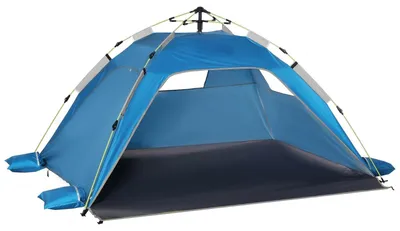 Produktbild von Pop-up-Strandzelt mit Fiberglasrahmen, 4 Sandtaschen, Netzfenstern, Mittelhaken, Bodenpfählen, schneller Auf- und Abbau, für 2 Personen, Blau, 220 x 173 x 120 cm
