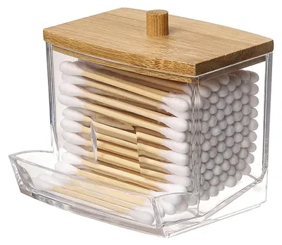 Produktbild von Aufbewahrungsbox aus Acryl für Wattestäbchen, Wattestäbchenspender, Wattestäbchenhalter, Wattestäbchenhalter mit Bambusdeckel, für Schlafzimmer, Badezimmer oder Waschbecken
