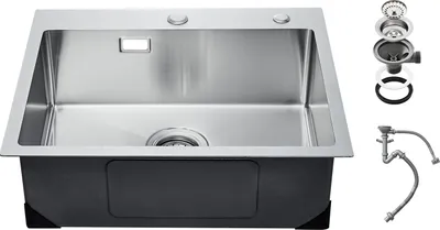 A stainless steel kitchen sink with accessories displayed on a white background.