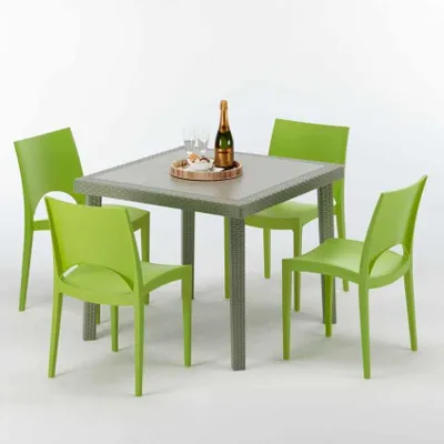 Produktbild von Polyrattan Tisch Quadratisch mit 4 Bunten Stühlen 90x90 Beige Elegance