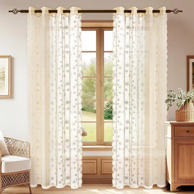 Image de Ensemble de rideaux voilages (2 pièces) - Décoration de fenêtre semi-transparente pour salon et chambre, couleur beige, dimensions 140 x 280 cm